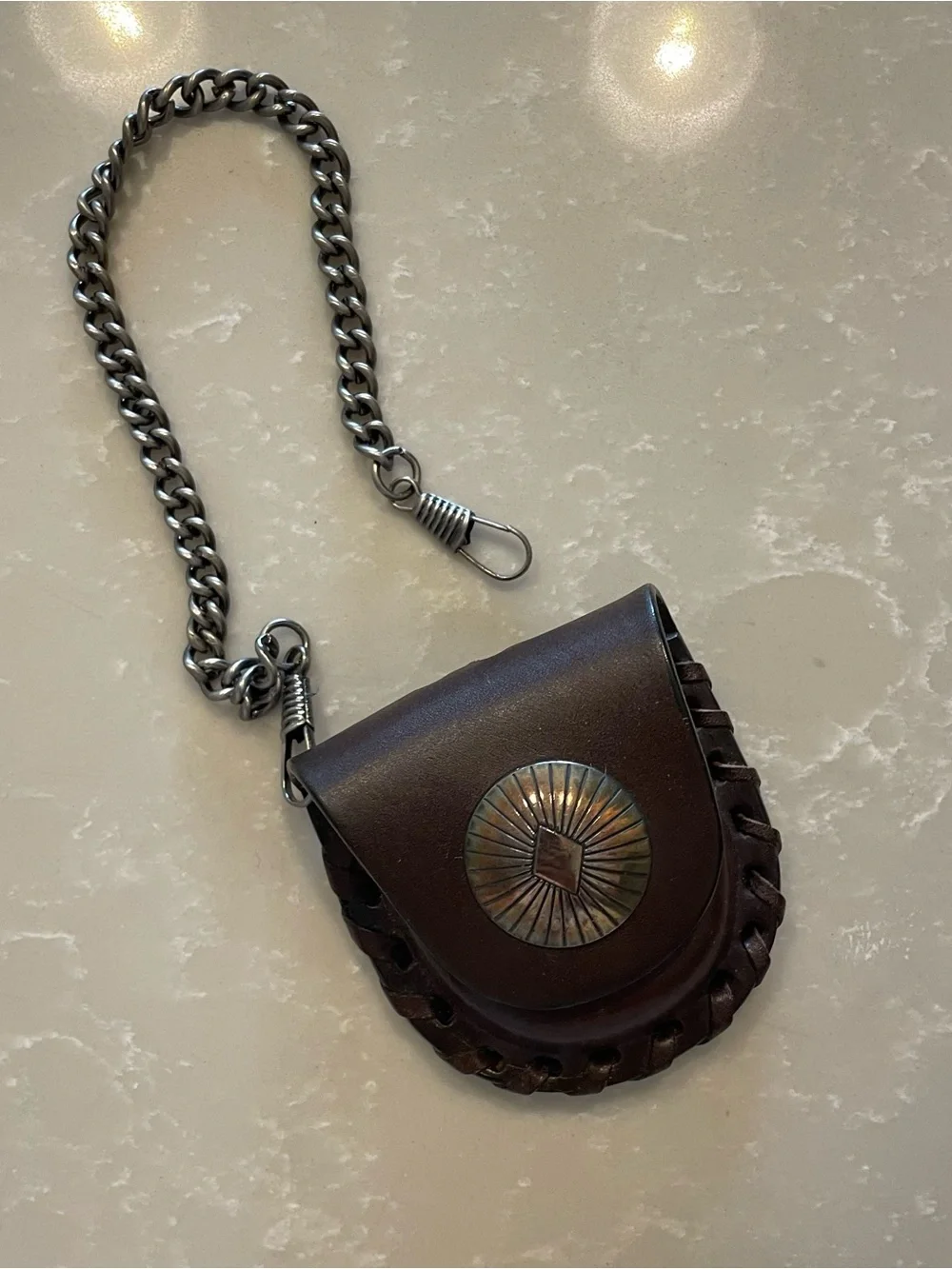 Men's Dark Brown Leather Chain Wallet Pocket Watch Pouch with 925 Silver Button
